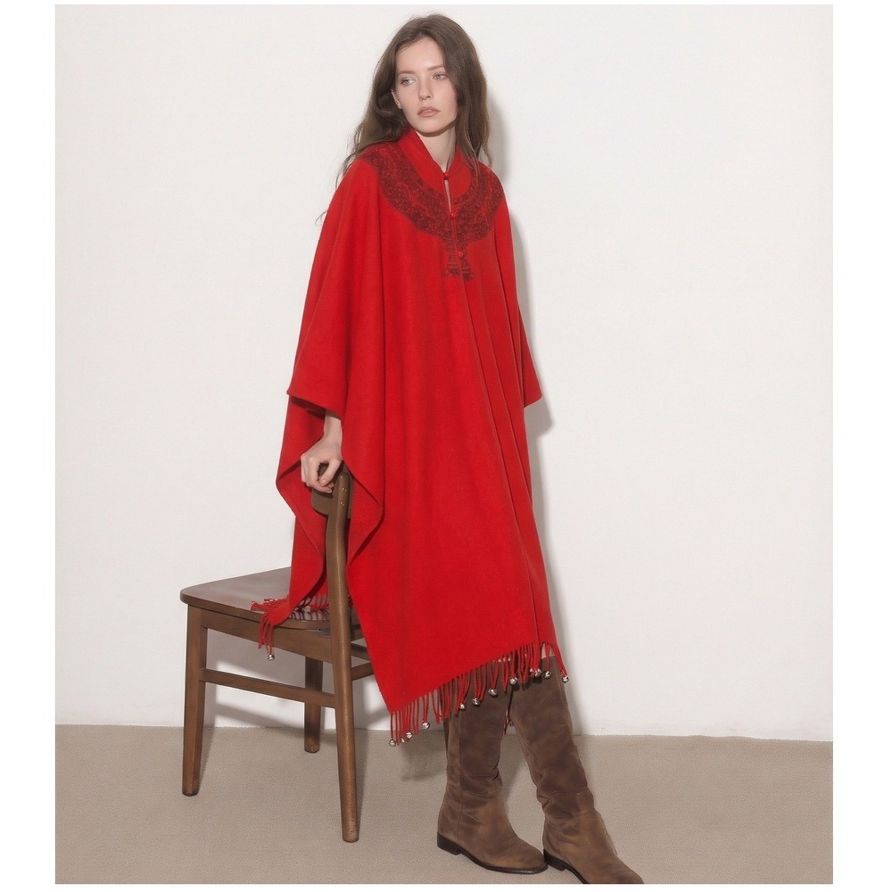 Vtg Molina Women's OS Poncho 70s Aztec Mayan Embroidery Fringe Red Prairie Boho